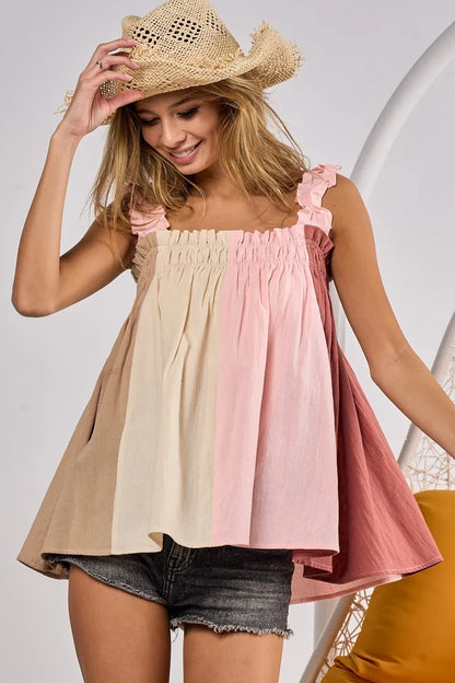 BiBi Frill Shoulder Strap Color Block Bodice Top
