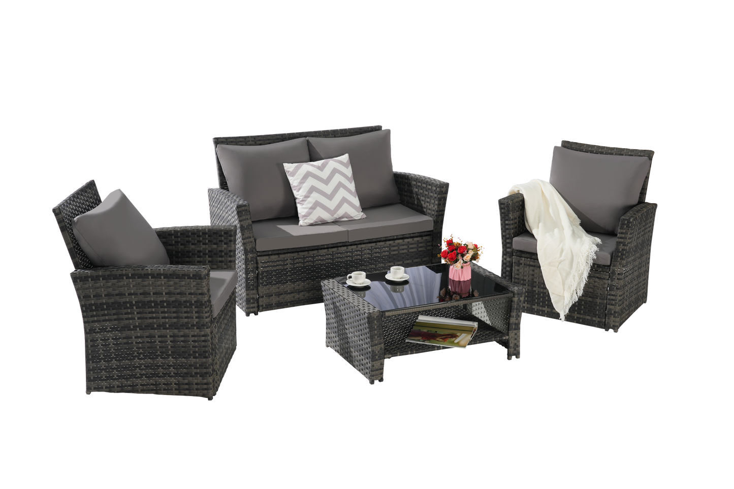 Outdoor Patio Set PE Rattan Steel Dark Gray 4 Piece Glass Seats 4
