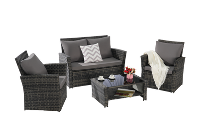 Outdoor Patio Set PE Rattan Steel Dark Gray 4 Piece Glass Seats 4