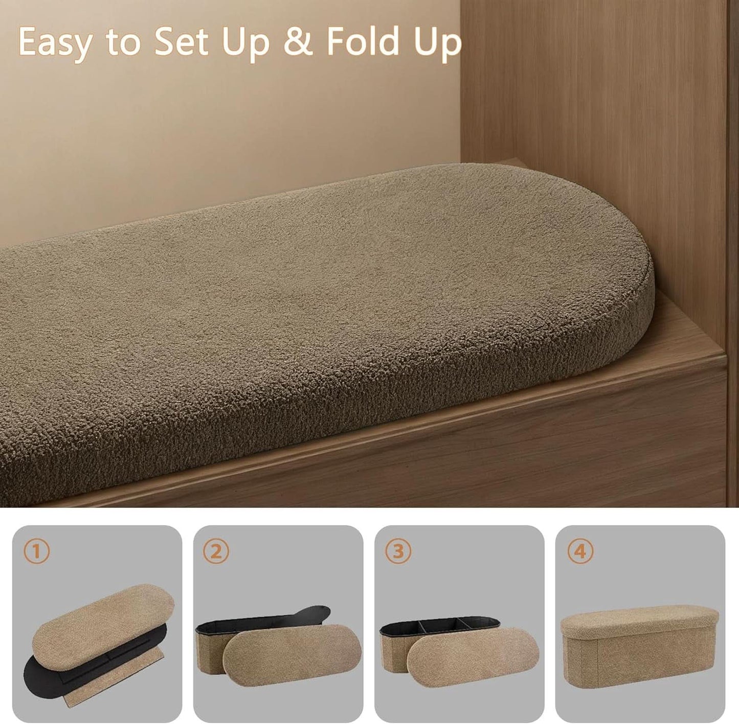 Brown 43 Inch Folding Storage Ottoman Sherpa Fabric