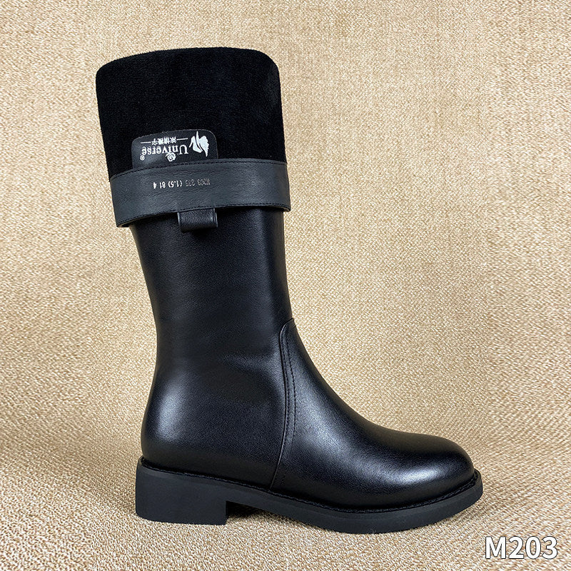 Genuine Leather Biker Boots Tall Boots For Petite Women Lined With Fleece