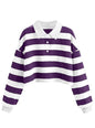 Natalie Winters Dress - Remidoo Women's Collared Half Button Long Sleeve Striped Crop Top Sweatshirt
