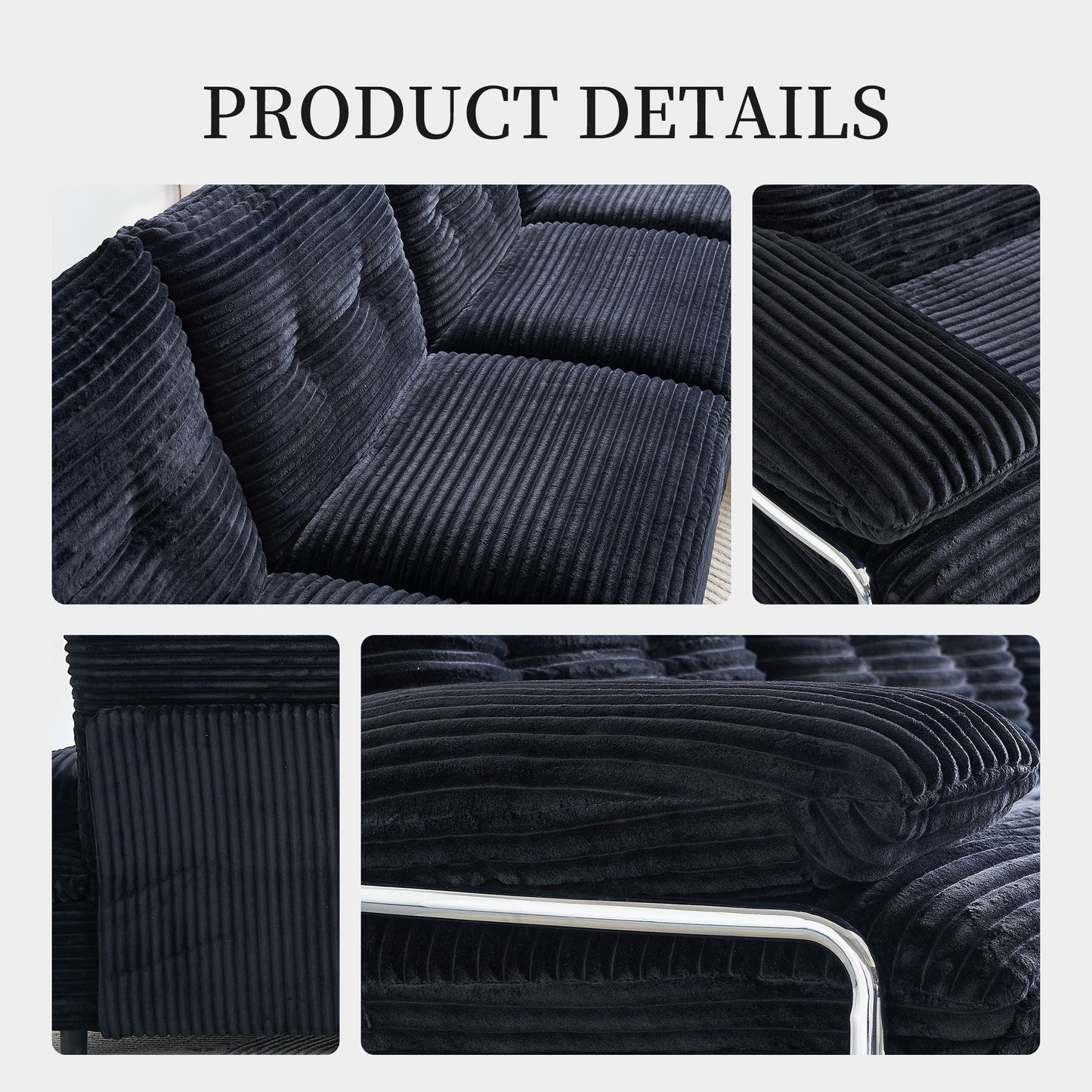Sectional Sofa U-Shape Modular Corduroy Black 6-Seat with 2 Ottomans 140.94 In
