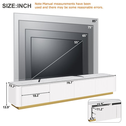 Luxury Fluted White TV Stand Faux Marble Top 4-Drawer 85
