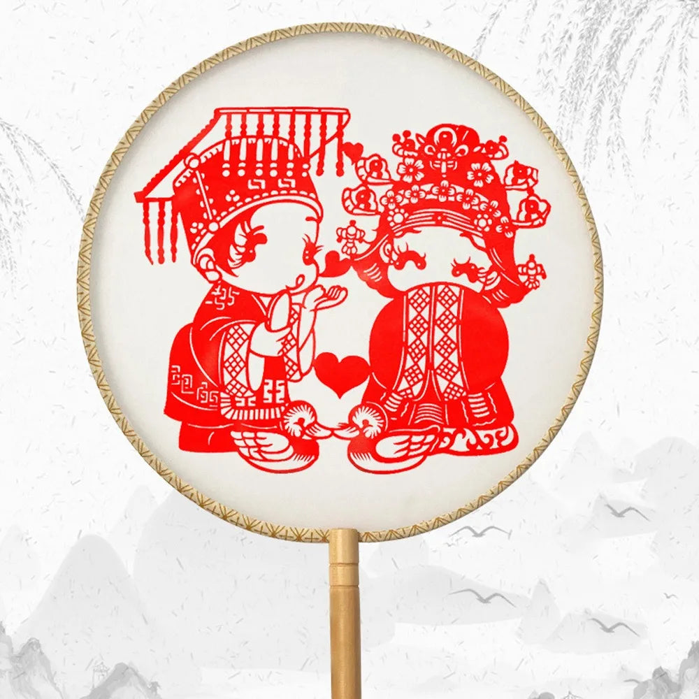 Chinese Paper-Cut Silk Round Hand Fan with Tassel