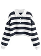 Natalie Winters Dress - Remidoo Women's Collared Half Button Long Sleeve Striped Crop Top Sweatshirt