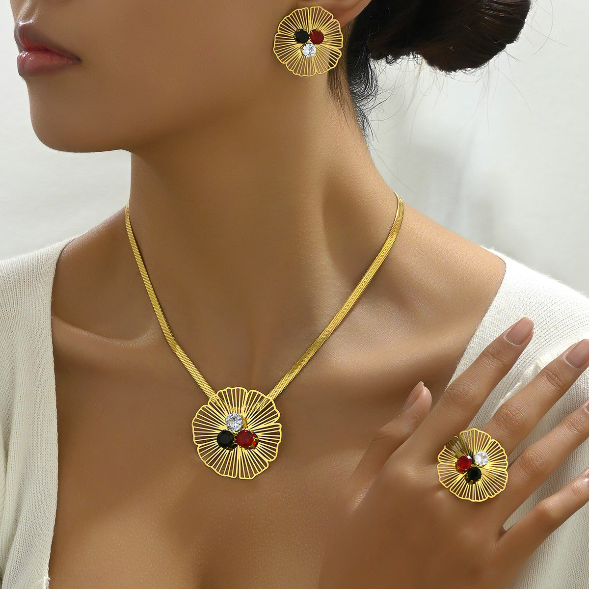 Light Luxury European American Jewelry Set, Floral Niche Design Inlaid Cubic Zirconia, Includes Earrings, Long Pendant Necklace And Matching Ring For Women