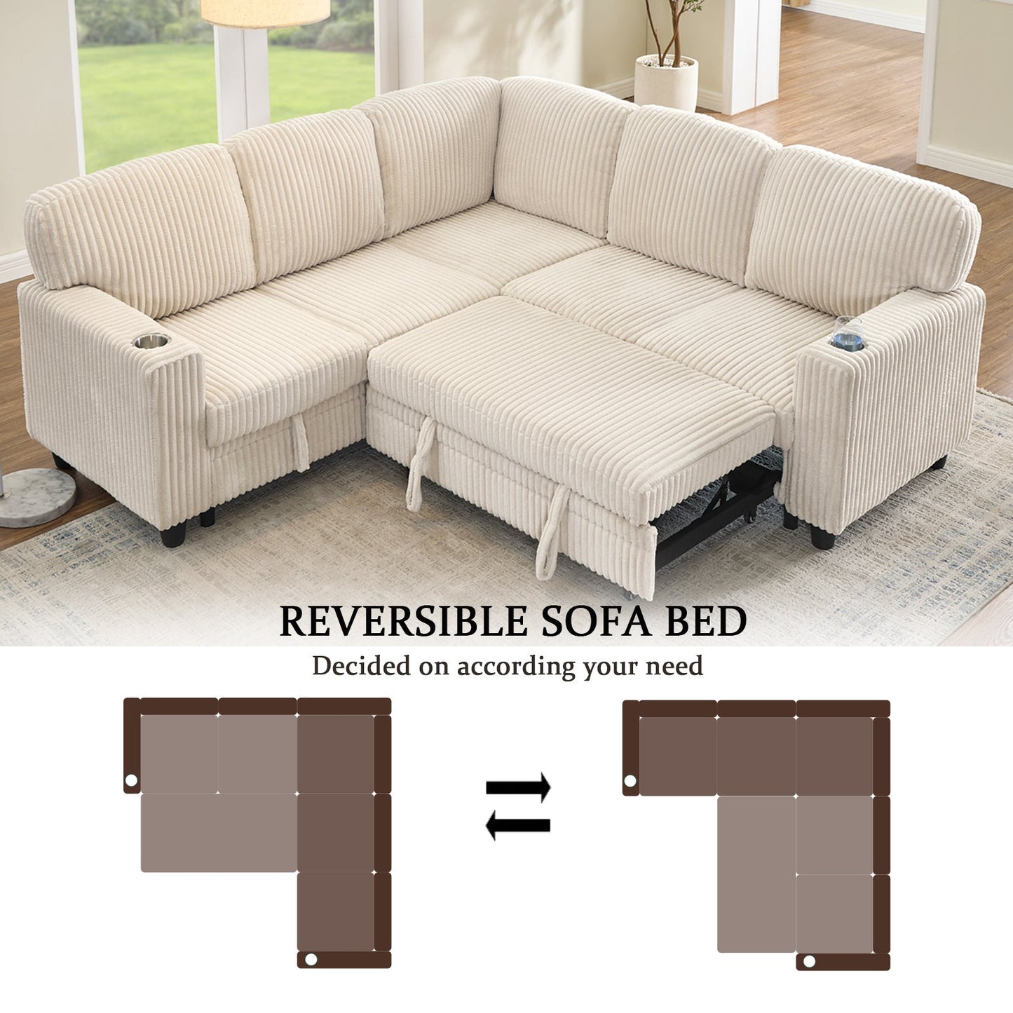 Sofa Bed L-Shape Corduroy Beige 5 Seat Pull-Out USB Ports 81 In