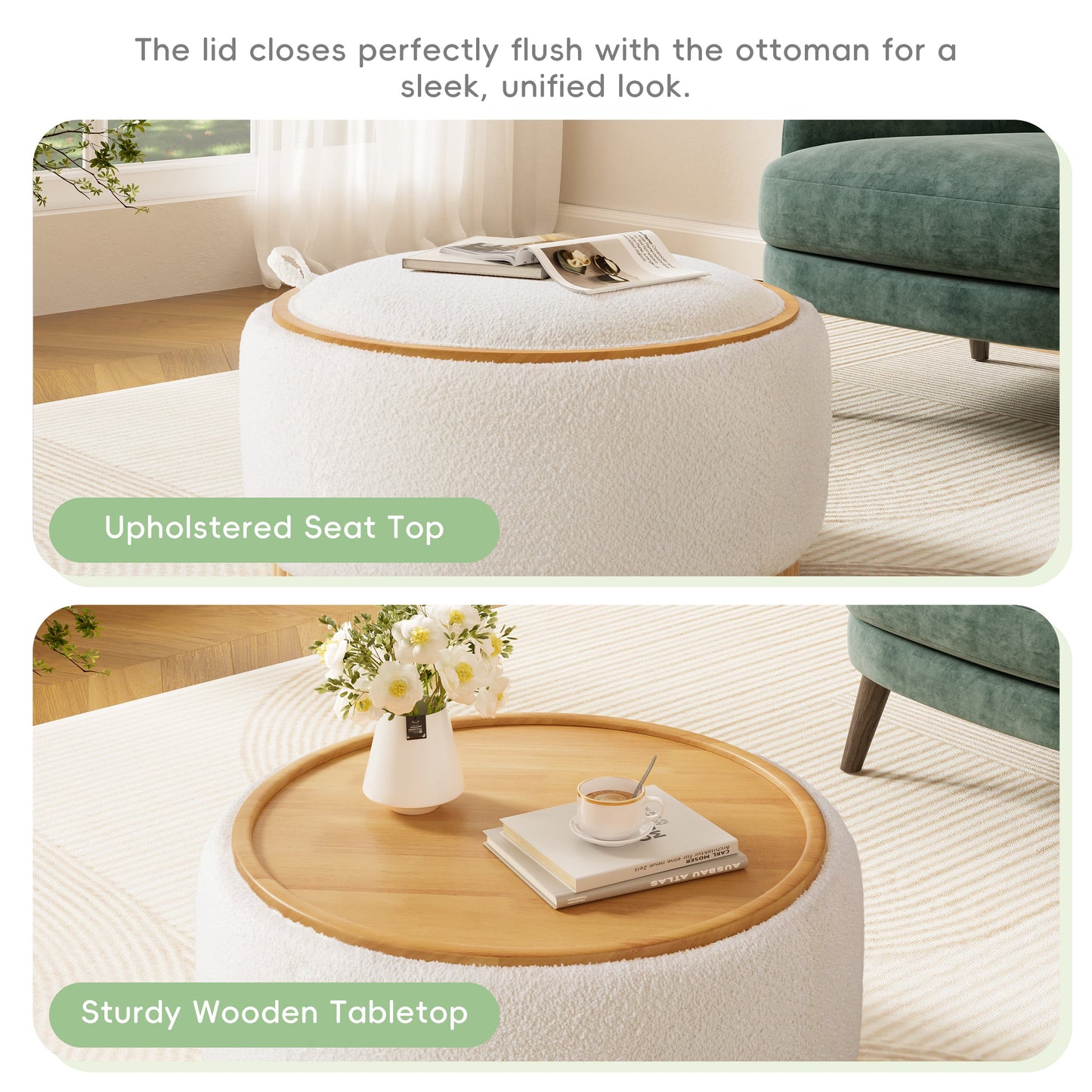 29' Round Storage Ottoman with Solid Wood Legs, Boucle Fabric, No Assembly