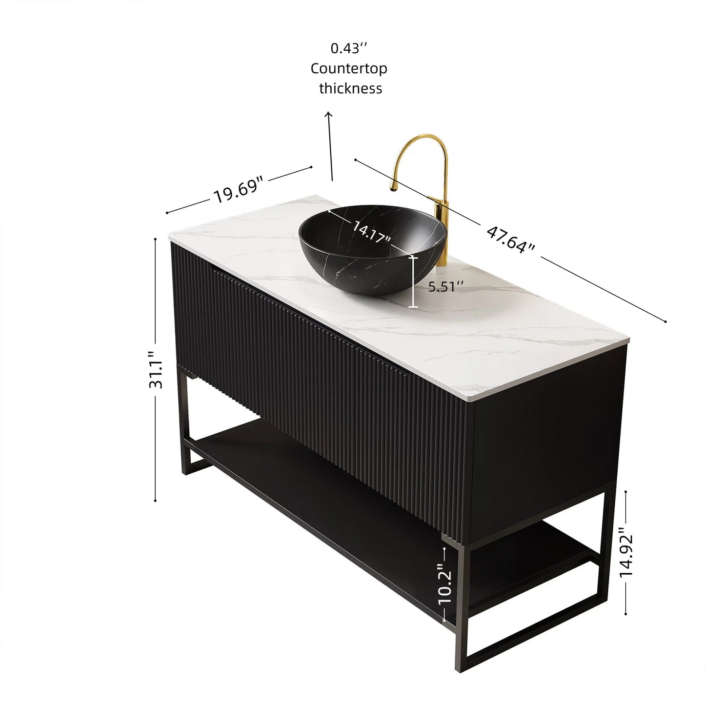 48' Bathroom Vanity with Sink, Freestanding 3 Doors Open Shelf Black Bowl Basin