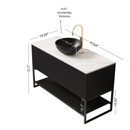 48' Bathroom Vanity with Sink, Freestanding 3 Doors Open Shelf Black Bowl Basin