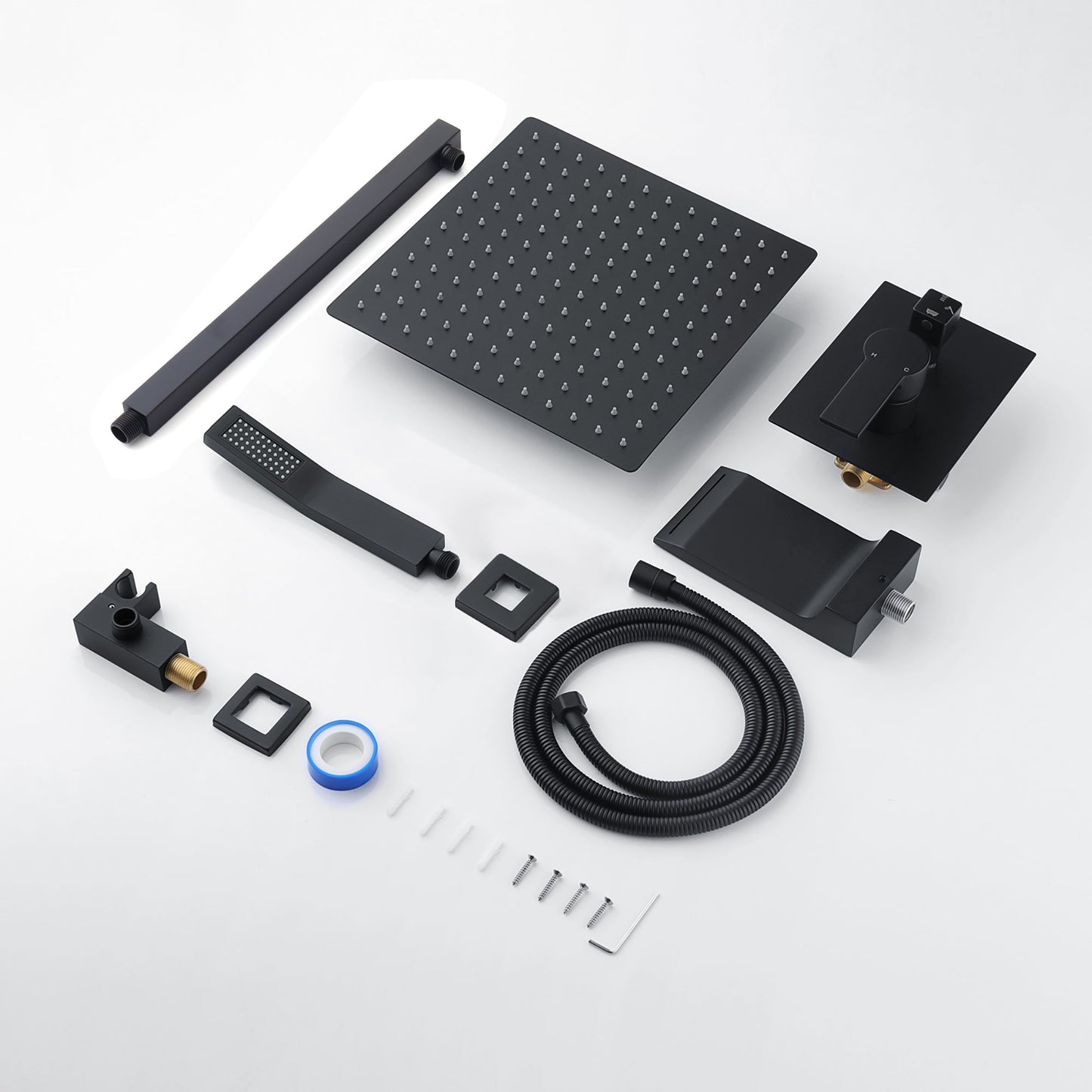 Matte Black All Metal Tub Shower Faucet Set with 12in Rain Shower Head, Wall