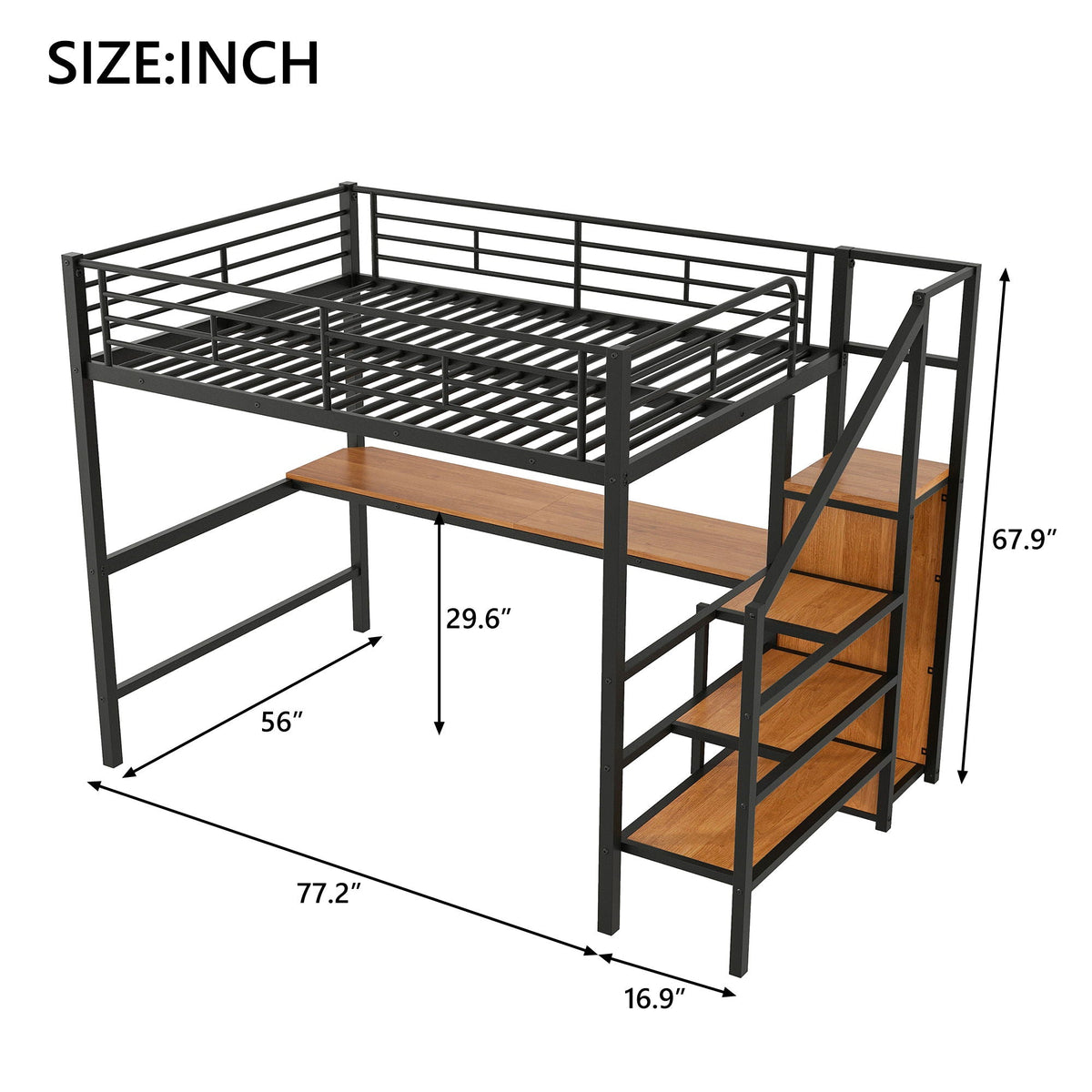 Loft Bed With Desk, Storage Staircase, Small Wardrobe And LED Light