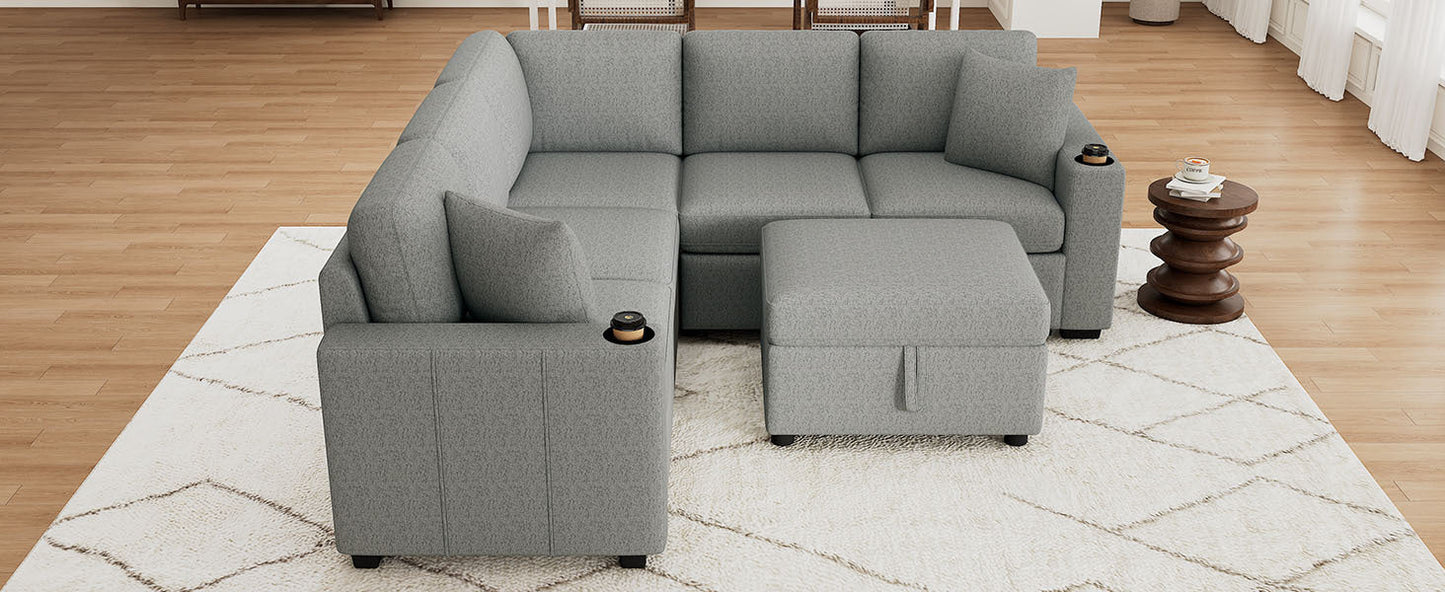 84" Sectional Sofa Convertible Pull-Out USB Gray