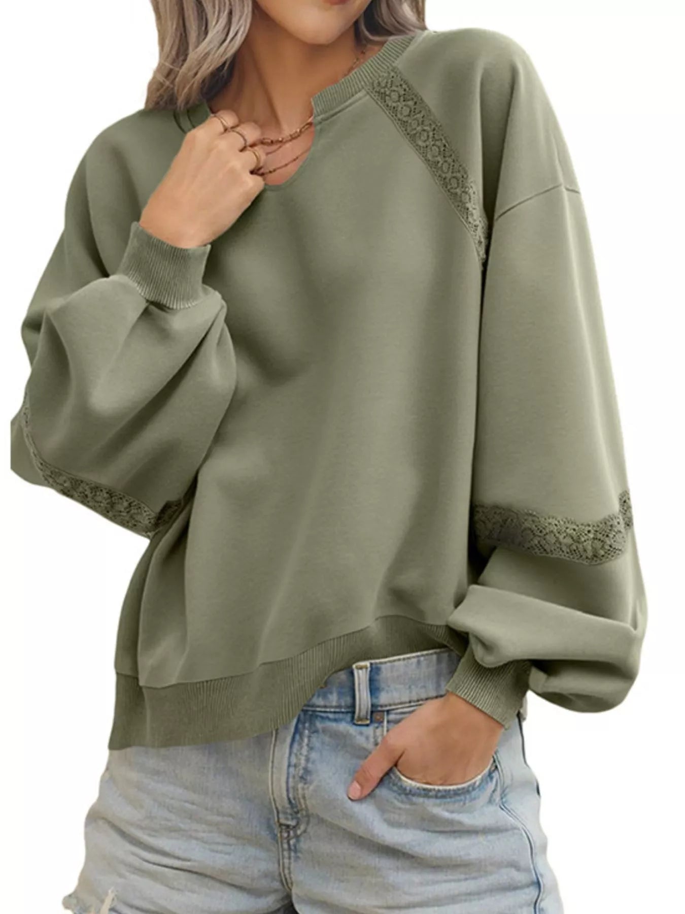 Lace Detail Notched Long Sleeve Sweatshirt
