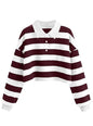 Natalie Winters Dress - Remidoo Women's Collared Half Button Long Sleeve Striped Crop Top Sweatshirt