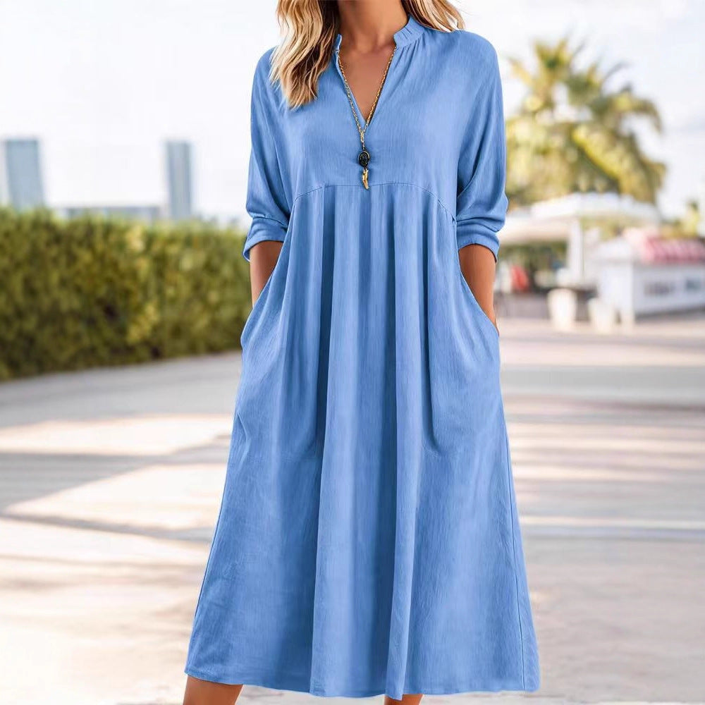 Womens Relaxed-fit Vintage Cotton-Linen Long-Sleeve V-Neck Dress With Pockets