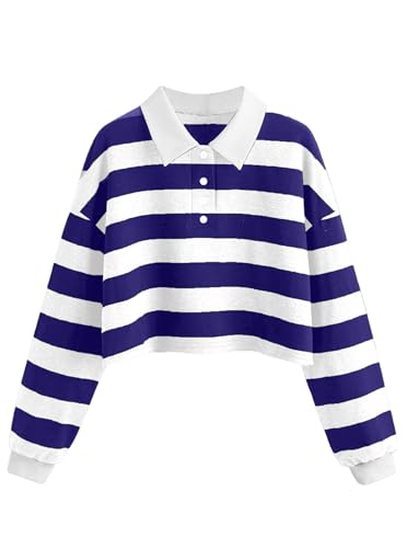 Natalie Winters Dress - Remidoo Women's Collared Half Button Long Sleeve Striped Crop Top Sweatshirt