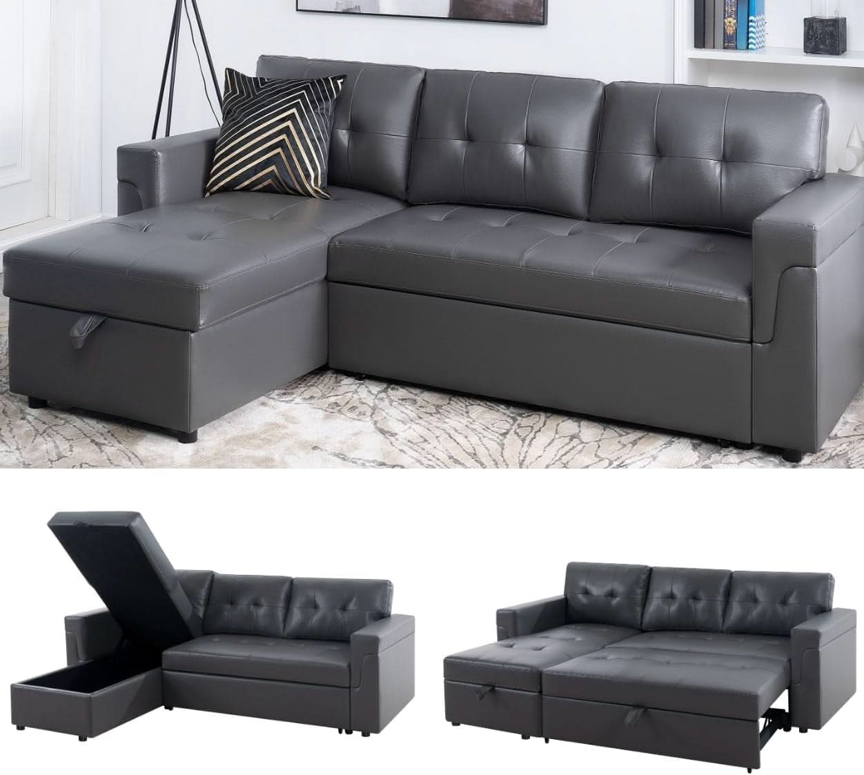 Sleeper Sectional Sofa With Convertible Bed In Dark Gray