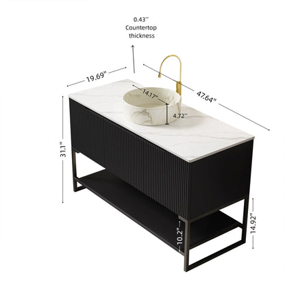48' Bathroom Vanity with Sink, Freestanding Cabinet 3 Doors Open Shelf Sintered Stone