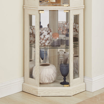Lighted Corner Curio Cabinet Tall Display Case with Mirrored Back Glass Doors Adjustable Shelves White