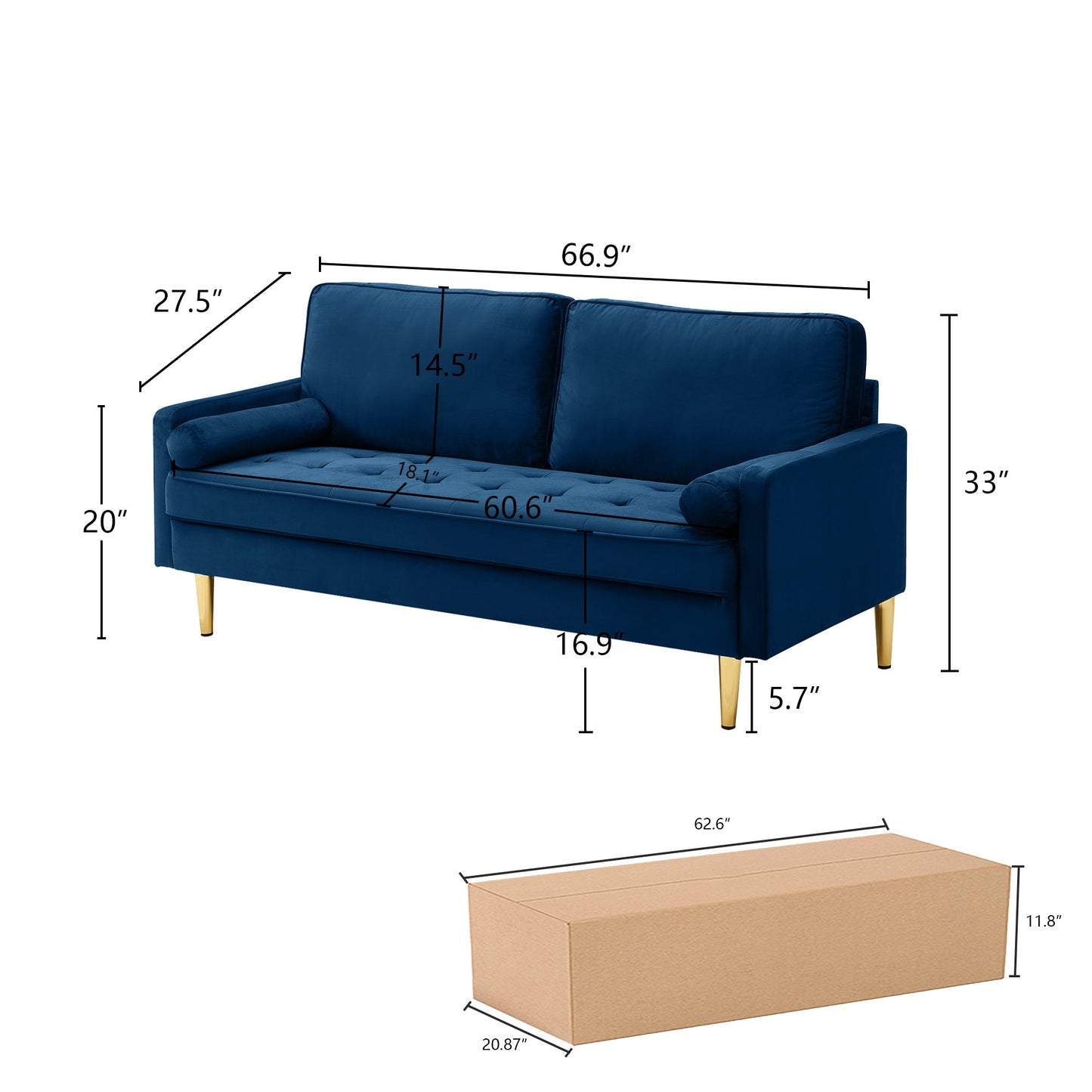 Sofa Minimalist Velvet Navy Gold Metal Legs 2 Seat 65 In 800 LB