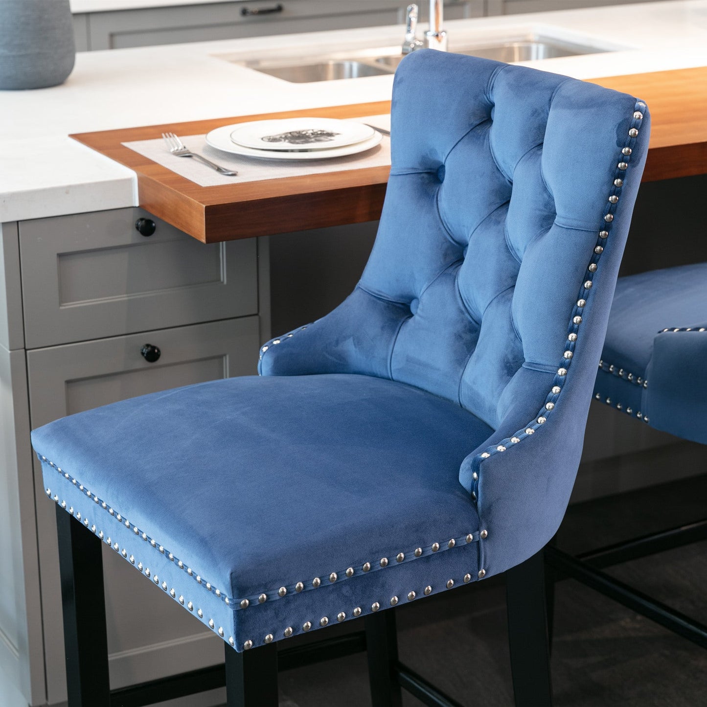 Contemporary Velvet Upholstered Barstools Button Tufted with Wooden Legs Set of 2, Blue