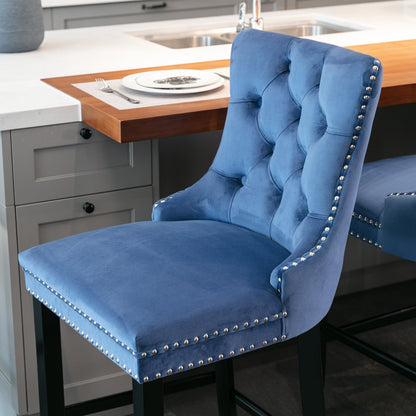 Contemporary Velvet Upholstered Barstools Button Tufted with Wooden Legs Set of 2, Blue