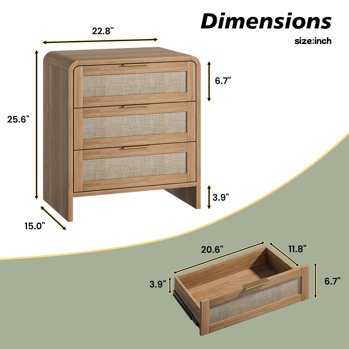 Rattan Nightstand with 3 Drawers, 22.8 in Wide, Curved Wood, Caramel Oak