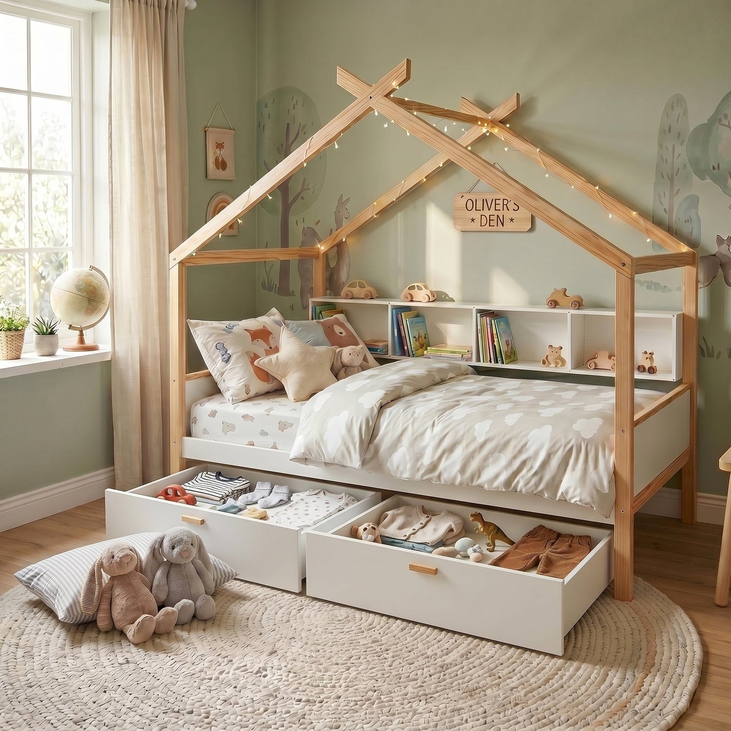 White Full Size Wooden House Bed with Two Drawers and Bookshelf Storage