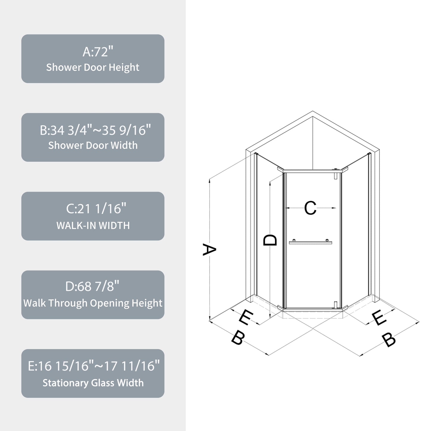 Pivot Shower Door 34.75 x 72 in. Frameless Neo-Angle Chrome, 1/4in Tempered
