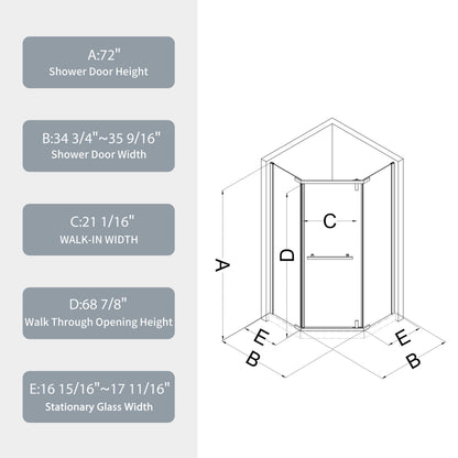 Pivot Shower Door 34.75 x 72 in. Frameless Neo-Angle Chrome, 1/4in Tempered
