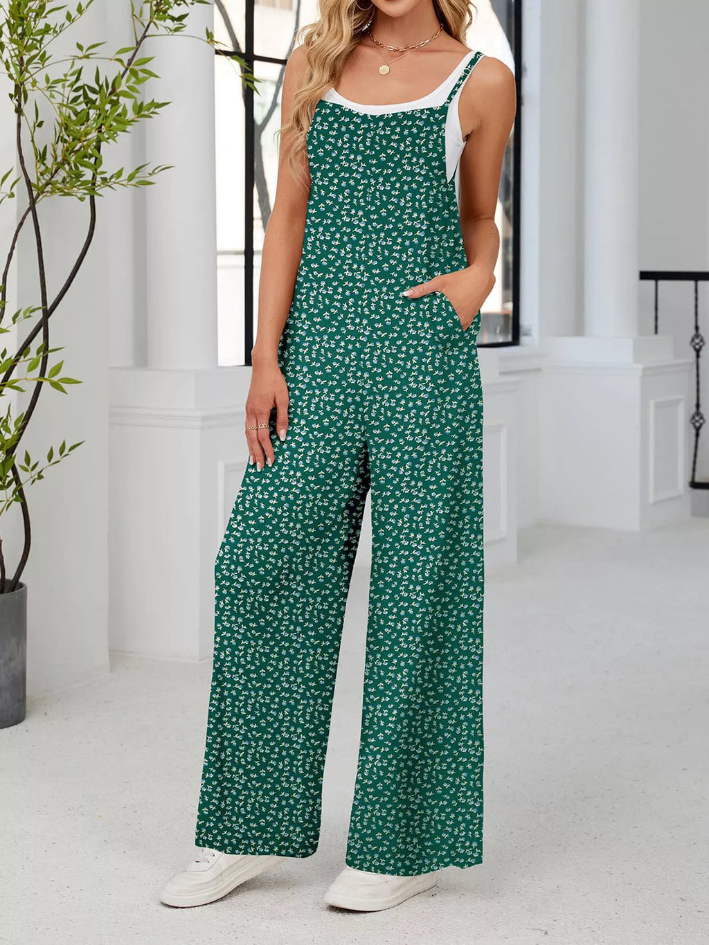 Full Size Floral Print Wide Leg Spaghetti Strap Overalls Plus Size