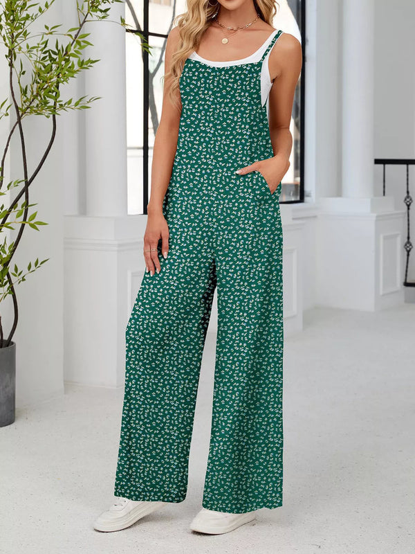 Full Size Floral Print Wide Leg Spaghetti Strap Overalls Plus Size