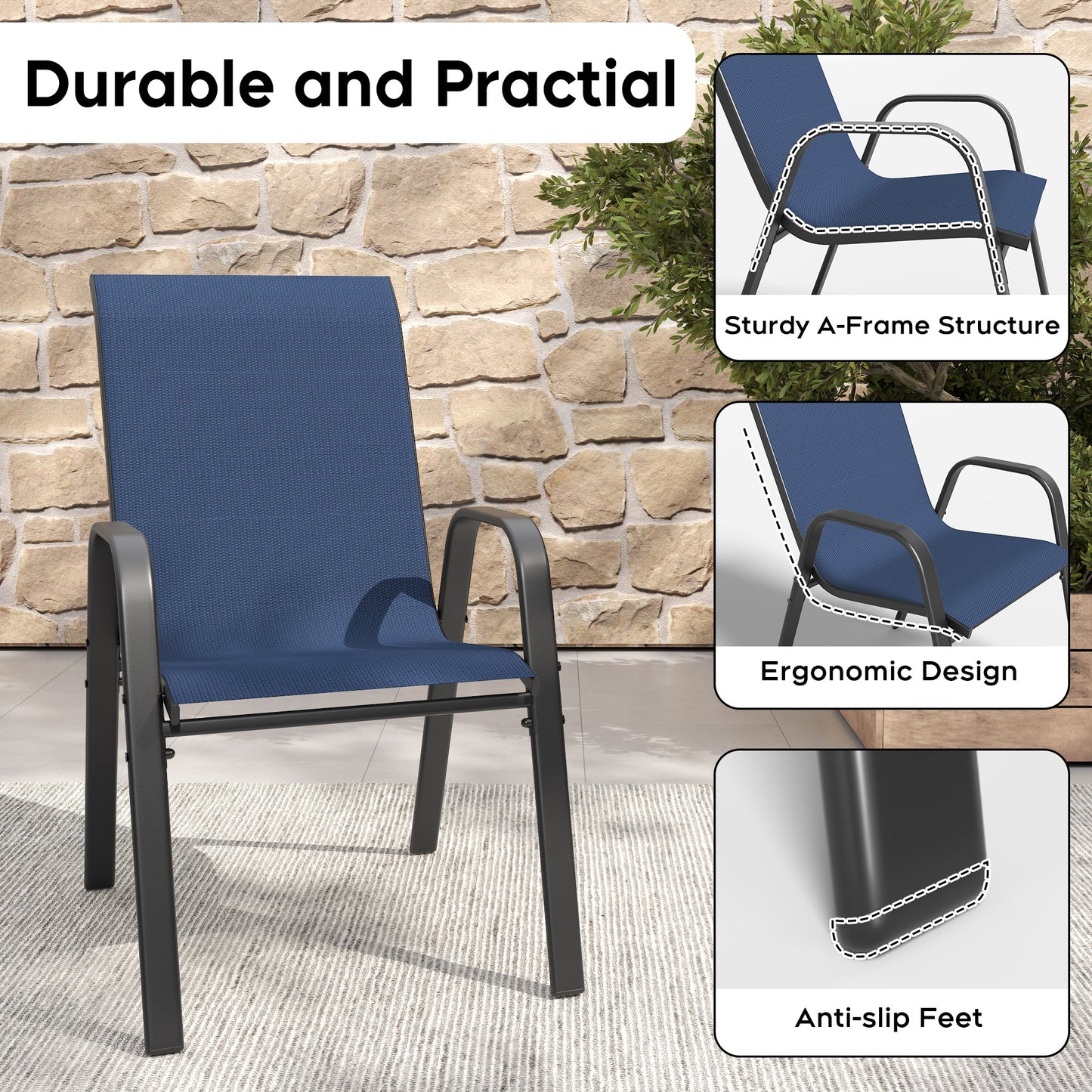 6-Piece Outdoor Dining Chairs Set, Wide Ergonomic Seat, 350 lbs Capacity per