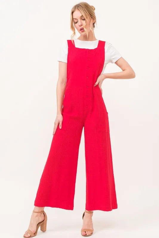 And The Why Gauze Loose Fit Tied Back Overalls
