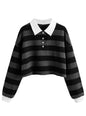 Natalie Winters Dress - Remidoo Women's Collared Half Button Long Sleeve Striped Crop Top Sweatshirt
