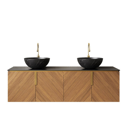 60' Bathroom Vanity with Sinks, Floating Plywood 4 Doors Black Bowl Ceramic Basins