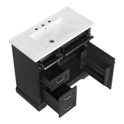 36-Inch Bathroom Vanity with Ceramic Sink Top, 4 Drawers and 1 Soft-Close Door