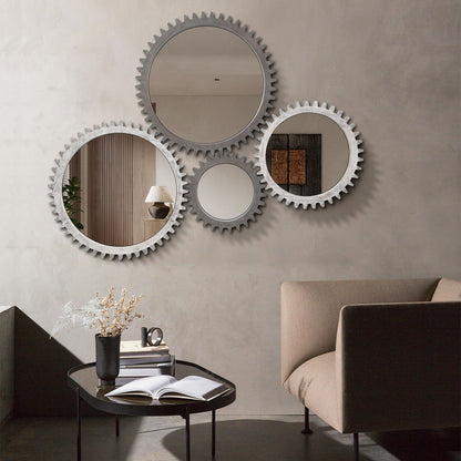 Wall Mirror Round Gear-Shape Wood Frame Dark Brown Vintage 16.5 In