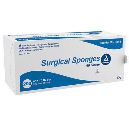 Dynarex Surgical Gauze Sponge, 4" x 4" - 200ea/bx 10bxs/cs (2000 Count)