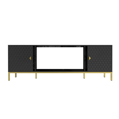 TV Stand Fireplace Space MDF Black Honeycomb Door Gold Legs 80 LB 70 In