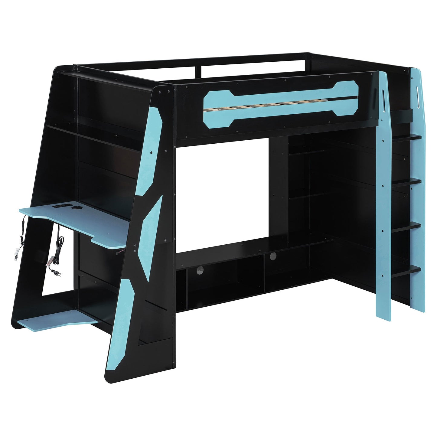 Twin Size Wood Loft Bed with Desk, Multi-storage Shelves and RGB Light, Cloud