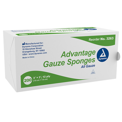 Dynarex Advantage Surgical Sponges, 3" x 3" 12Ply 200ea/bx, 20bxs/cs (4000 Count)
