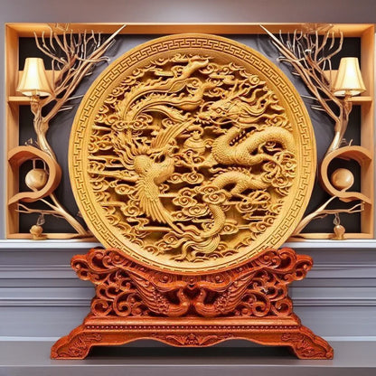 Wood Carving Dragon and Phoenix Round Carving Art Statue High Quality