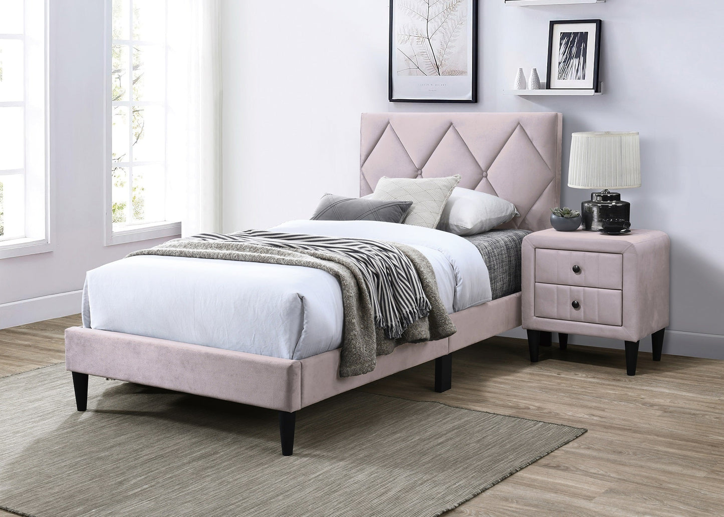 Light Pink Velvet Nightstand with 2 Drawers, Sleek Design, Tempered Legs