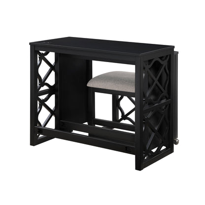 Desks and Stool Set 3pc Black Finish Rolling Desk with Casters, 2 Charging ports Home Office Furniture