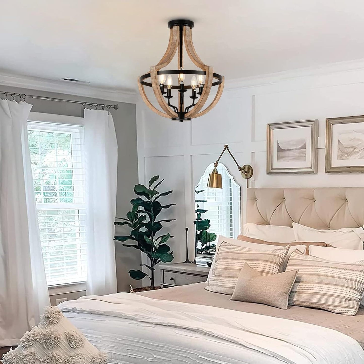 Chandelier Farmhouse 5-Light Solid Wood Adjustable Brown Dining Kitchen