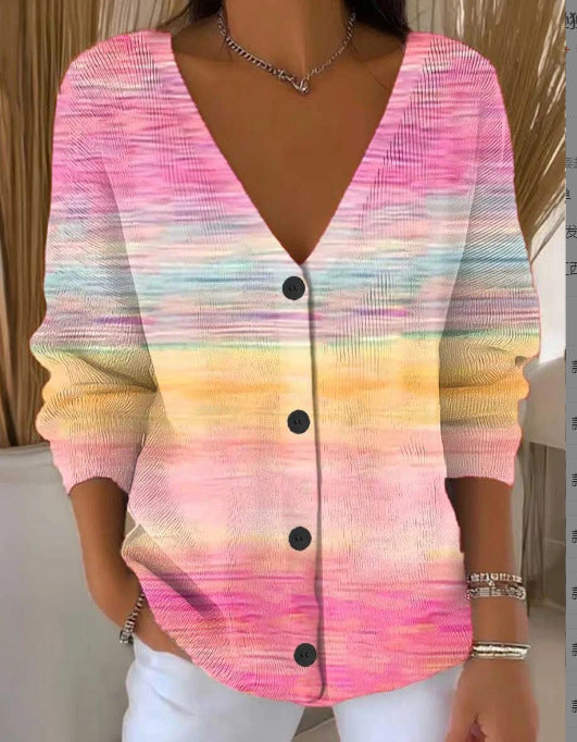 Womens Printed Knitted Sweater With Buttons Printed Cardigan