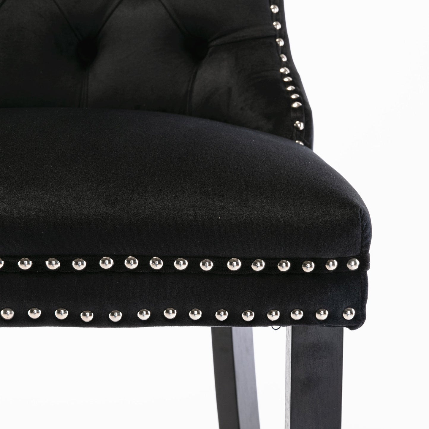 Contemporary Velvet Upholstered Barstools Button Tufted with Wood Legs, Set of 2, Black